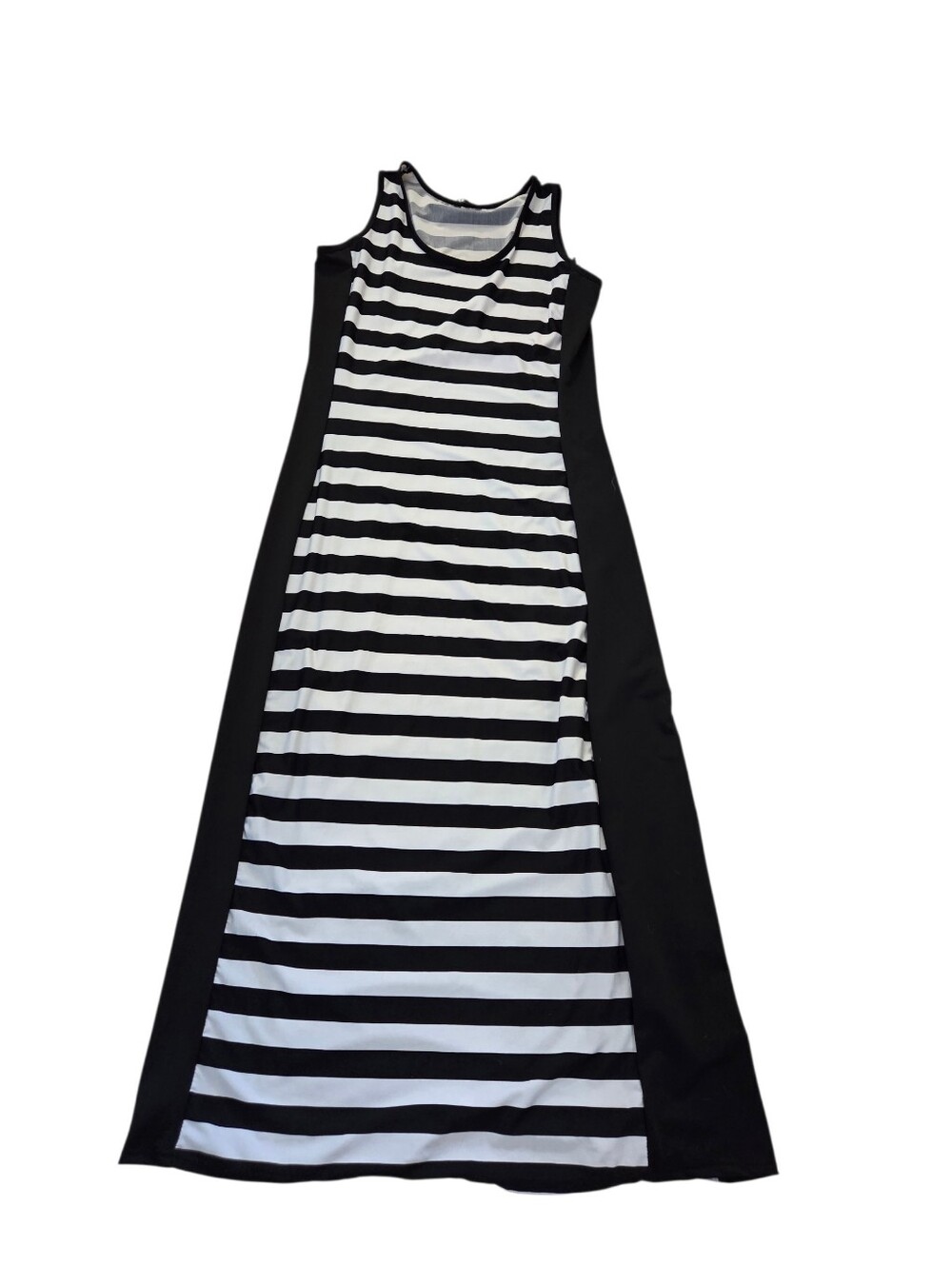 Just Love black/white stripe with black panels maxi dress, L. EUC.